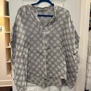 Flax 100% Linen Polka Dot Spartan Boxy Tunic Blouse size 1G Lagenlook Boho